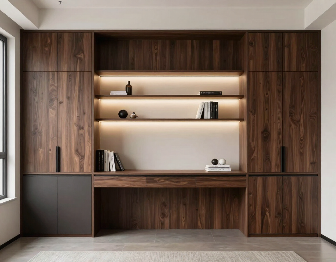 Home office built-in shelving with dark wood and integrated desk