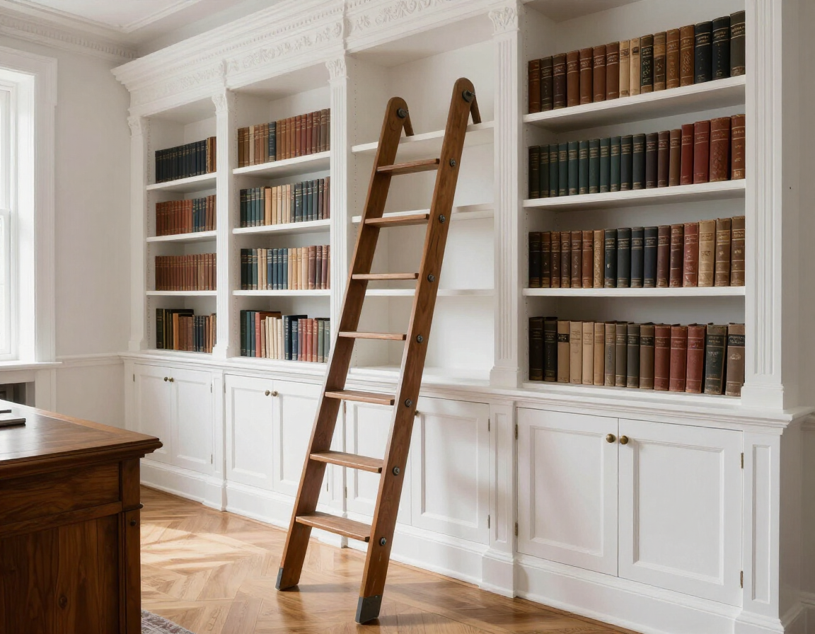 Classic study with floor-to-ceiling white built-in bookcases