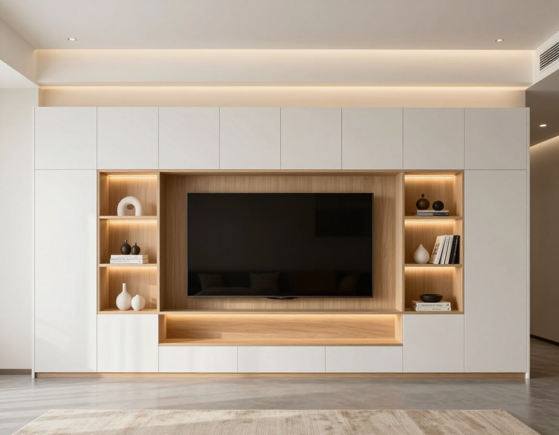 Entertainment center wall unit with recessed TV and built-in cabinetry