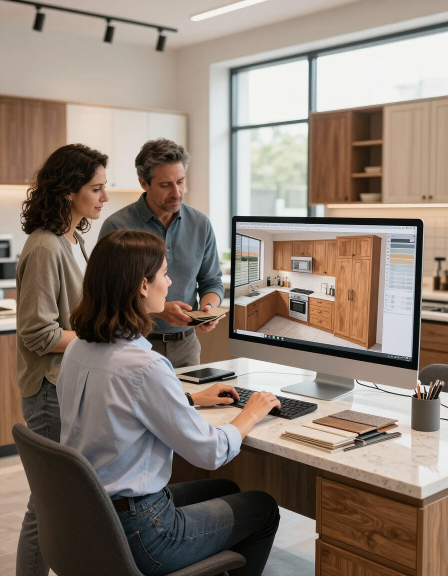 Cabinet America design consultant reviewing 3D cabinet rendering with homeowners in showroom