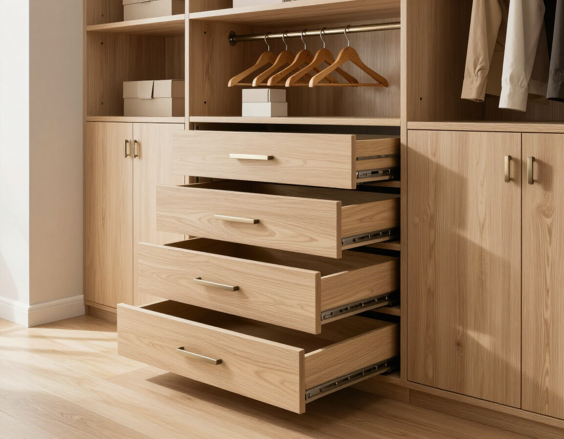 Custom walk-in closet with full-height cabinetry and pull-out drawers
