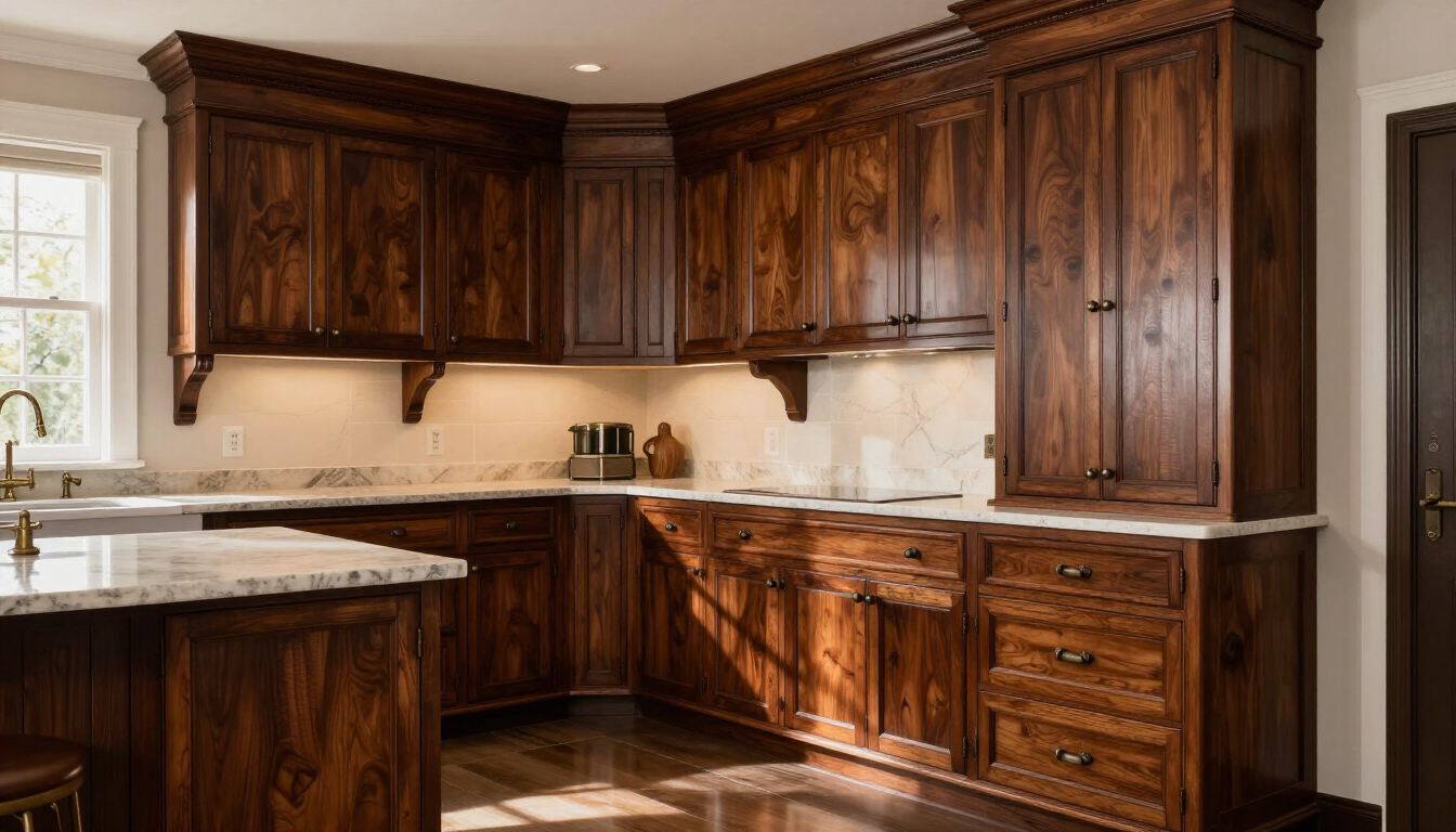 Craft Maid dark stained kitchen with full-overlay inset doors and decorative corbels