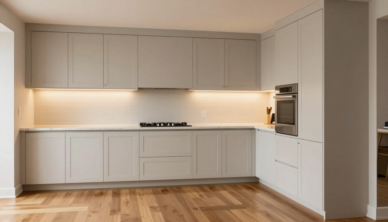 Fabuwood contemporary kitchen with shaker cabinets in soft white finish