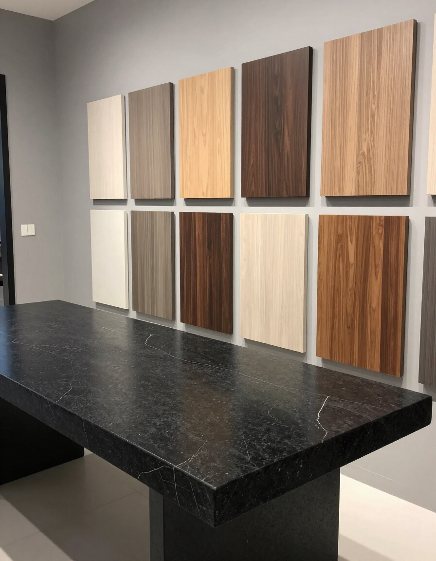 Dark stone countertop slab displayed with cabinet door samples