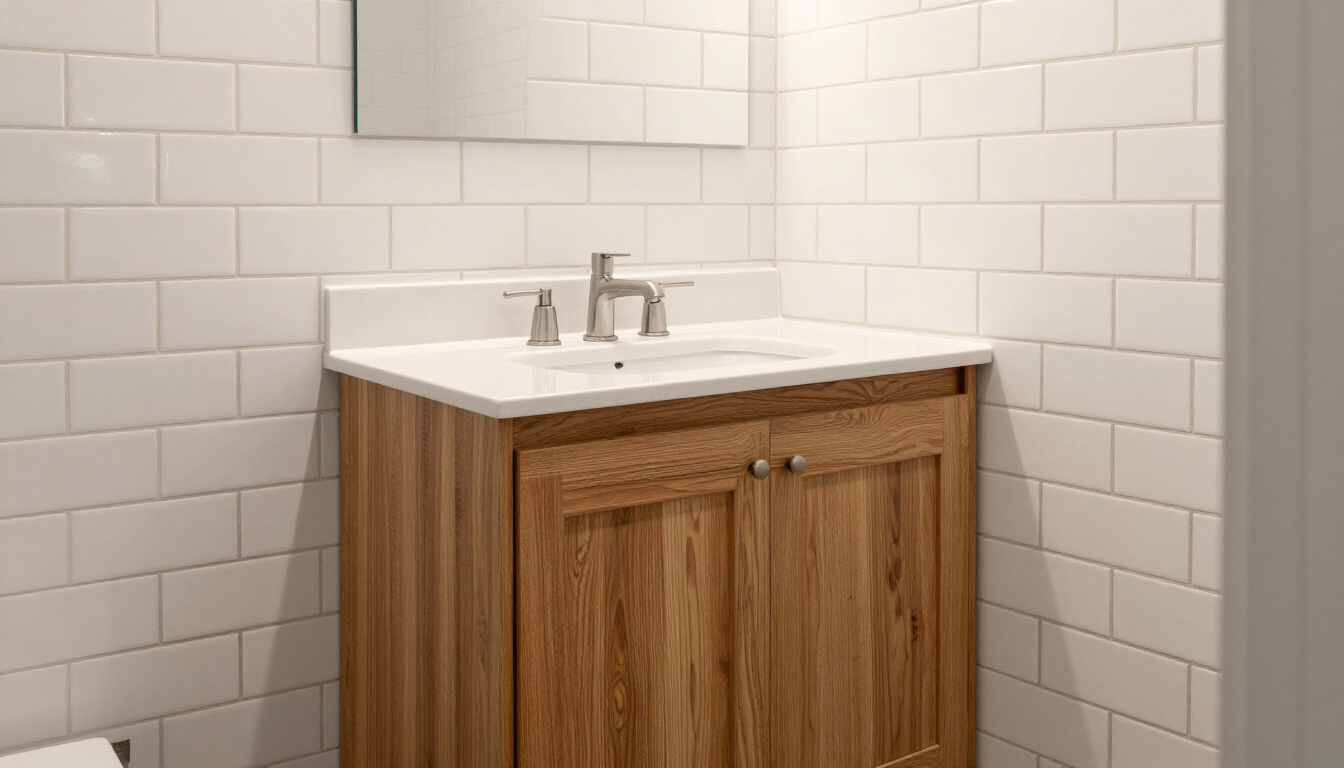 Corner bathroom vanity in compact bathroom