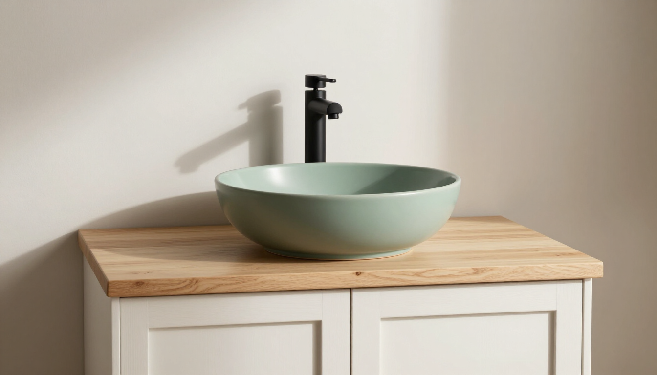 Shaker-style vanity in sage green with vessel sink
