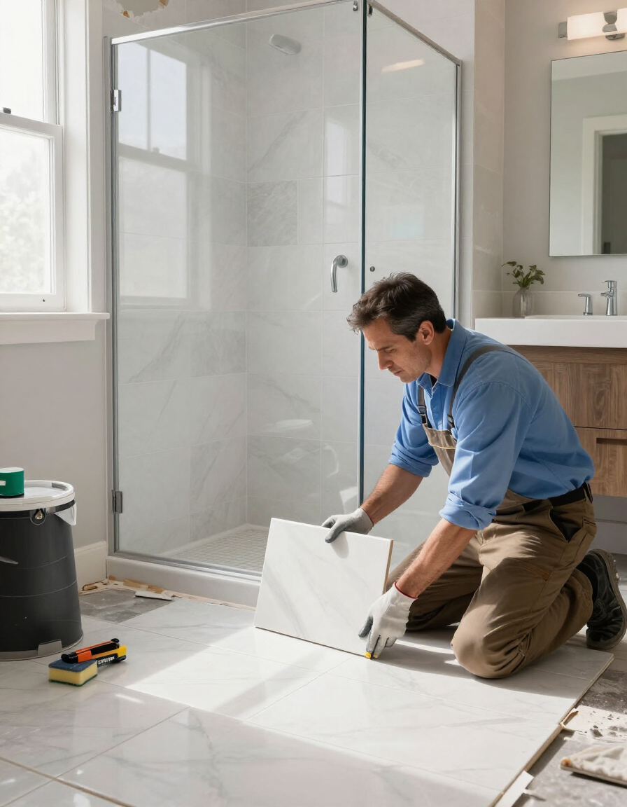 Contractor installing large-format porcelain tile in walk-in shower