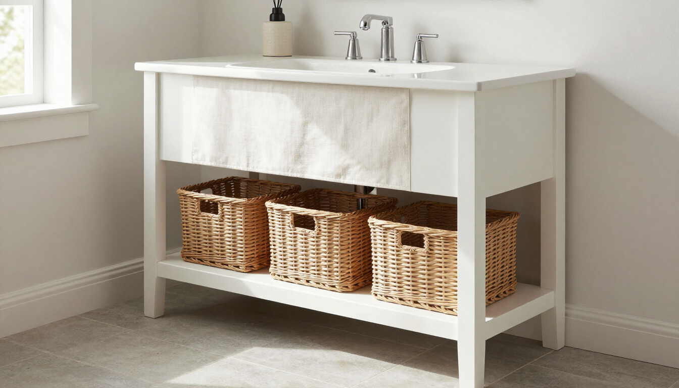 Open shelf vanity with farmhouse sink
