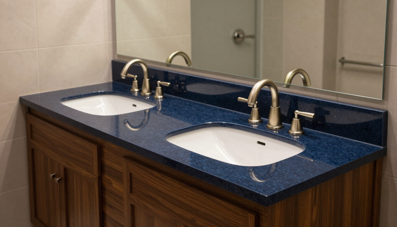 Double-sink vanity in deep navy blue with quartz countertop