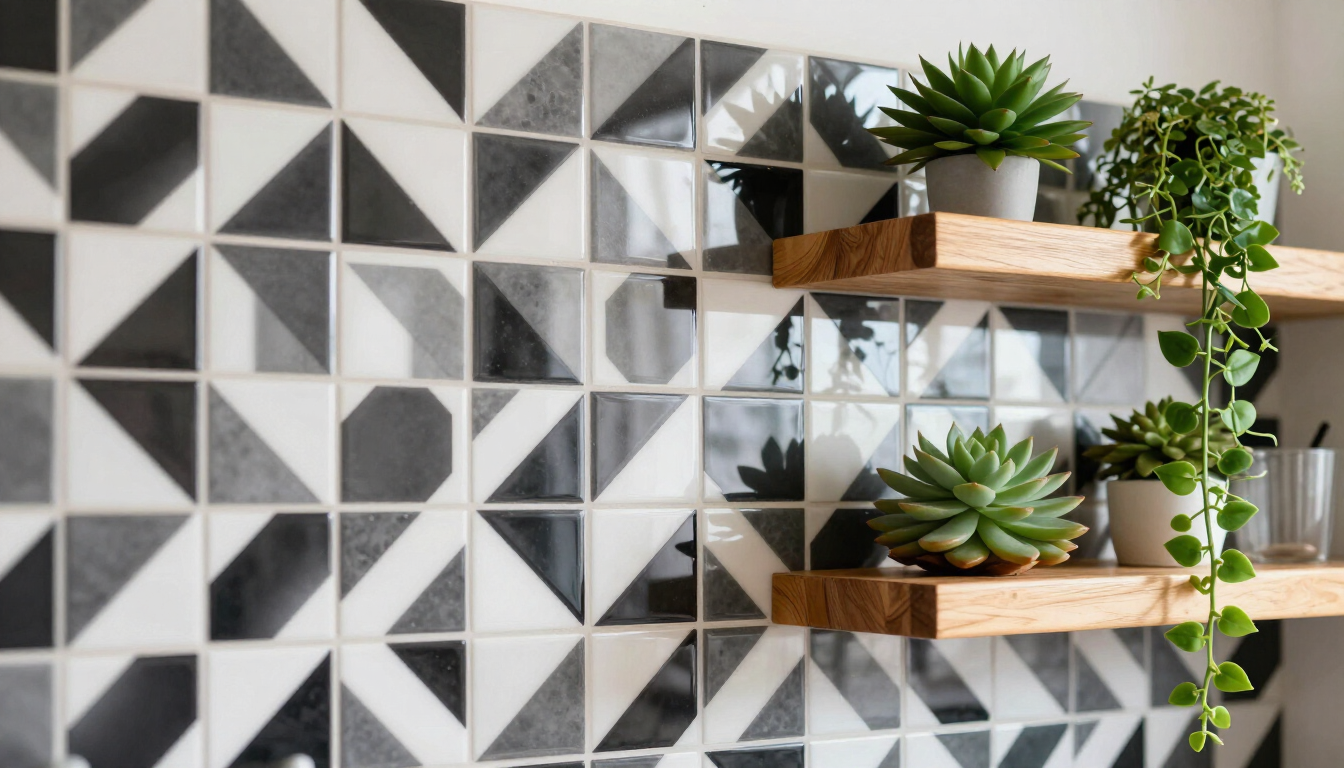 Bold geometric patterned tile backsplash