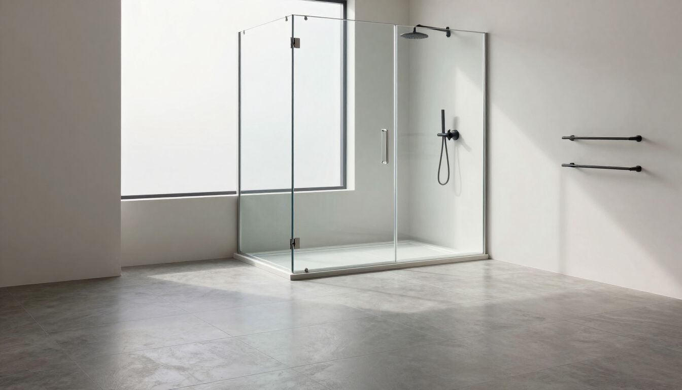 Modern bathroom with oversized matte floor tiles