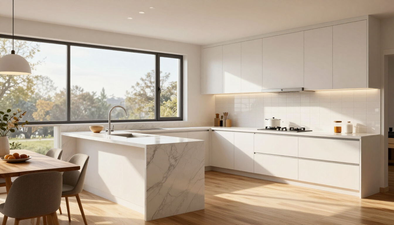 Modern kitchen featuring premium white cabinetry and sleek hardware.