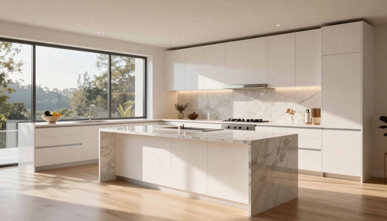 photorealistic modern luxury kitchen remodel white cabinets quartz countertops natural light warm atmosphere