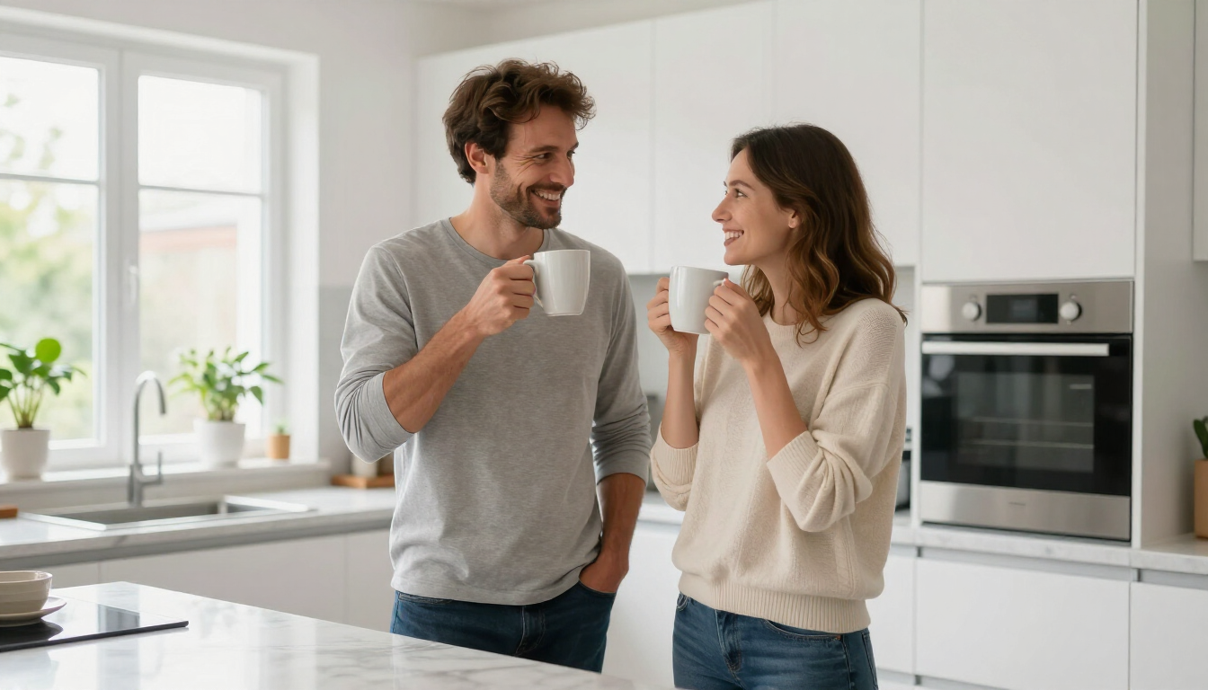 photorealistic happy couple in a new kitchen drinking coffee and smiling
