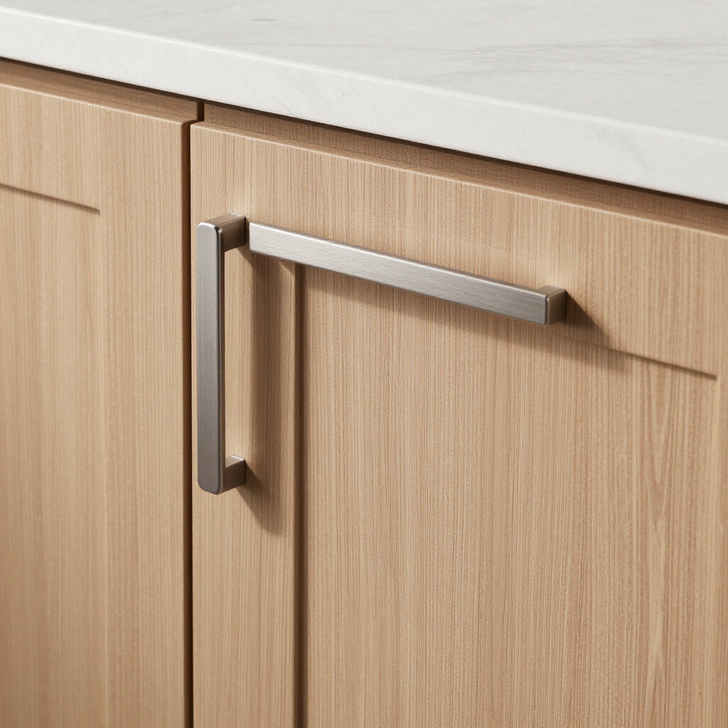photorealistic close up of high end kitchen cabinetry details modern hardware soft lighting