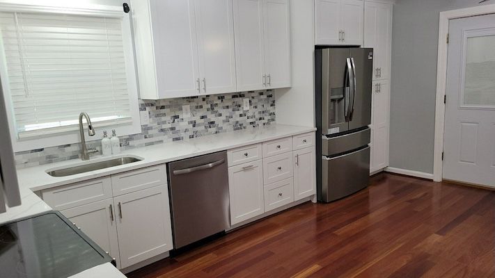 Modern kitchen with white cabinets, stainless appliances, tile backsplash, and hardwood floors