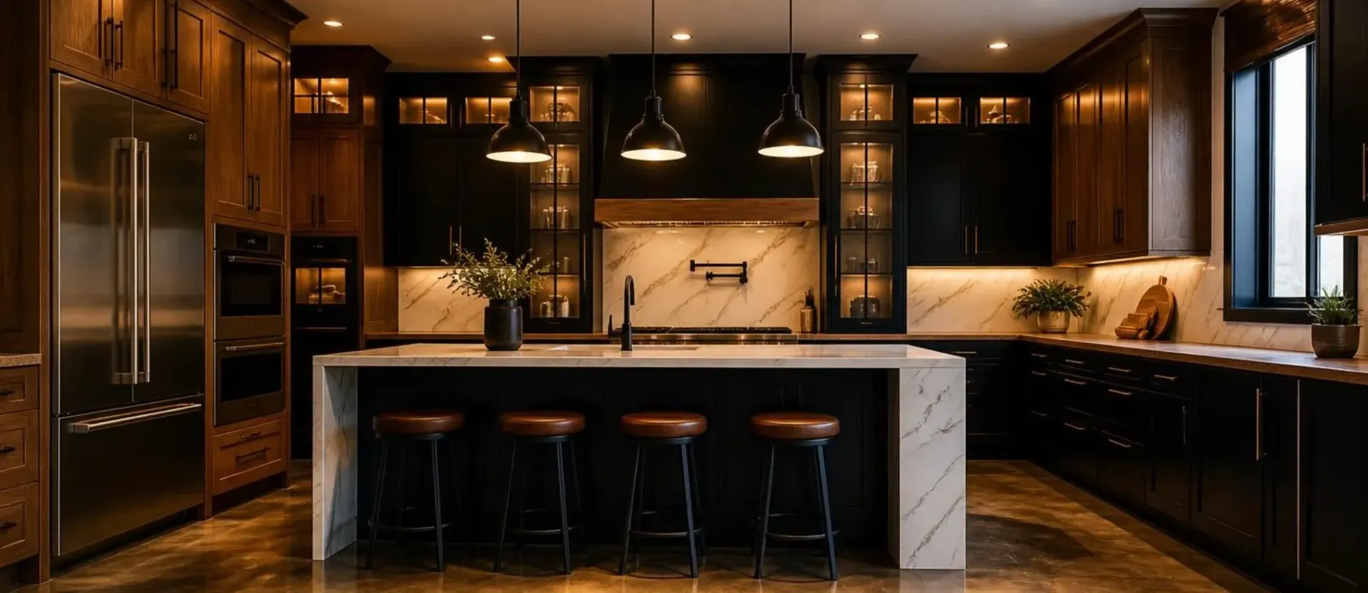 Open-plan kitchen showroom display with staggered upper cabinets and crown molding