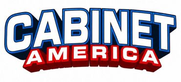 Cabinet America logo in blue and red bold lettering on a white background