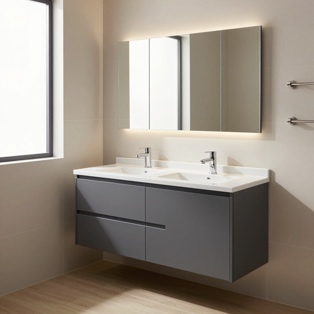 Modern floating bathroom vanity in dark espresso finish with vessel sink and backlit mirror
