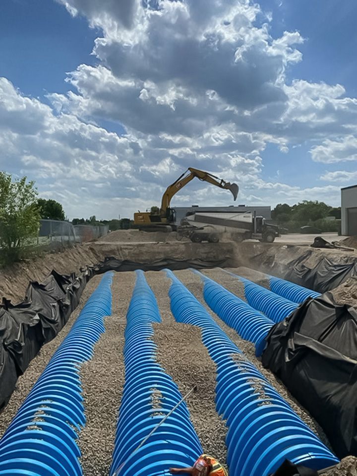 A construction site with blue pipes and a yellow excavator in the background.