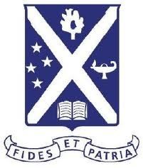 A blue and white coat of arms with the words fides et patria on it.