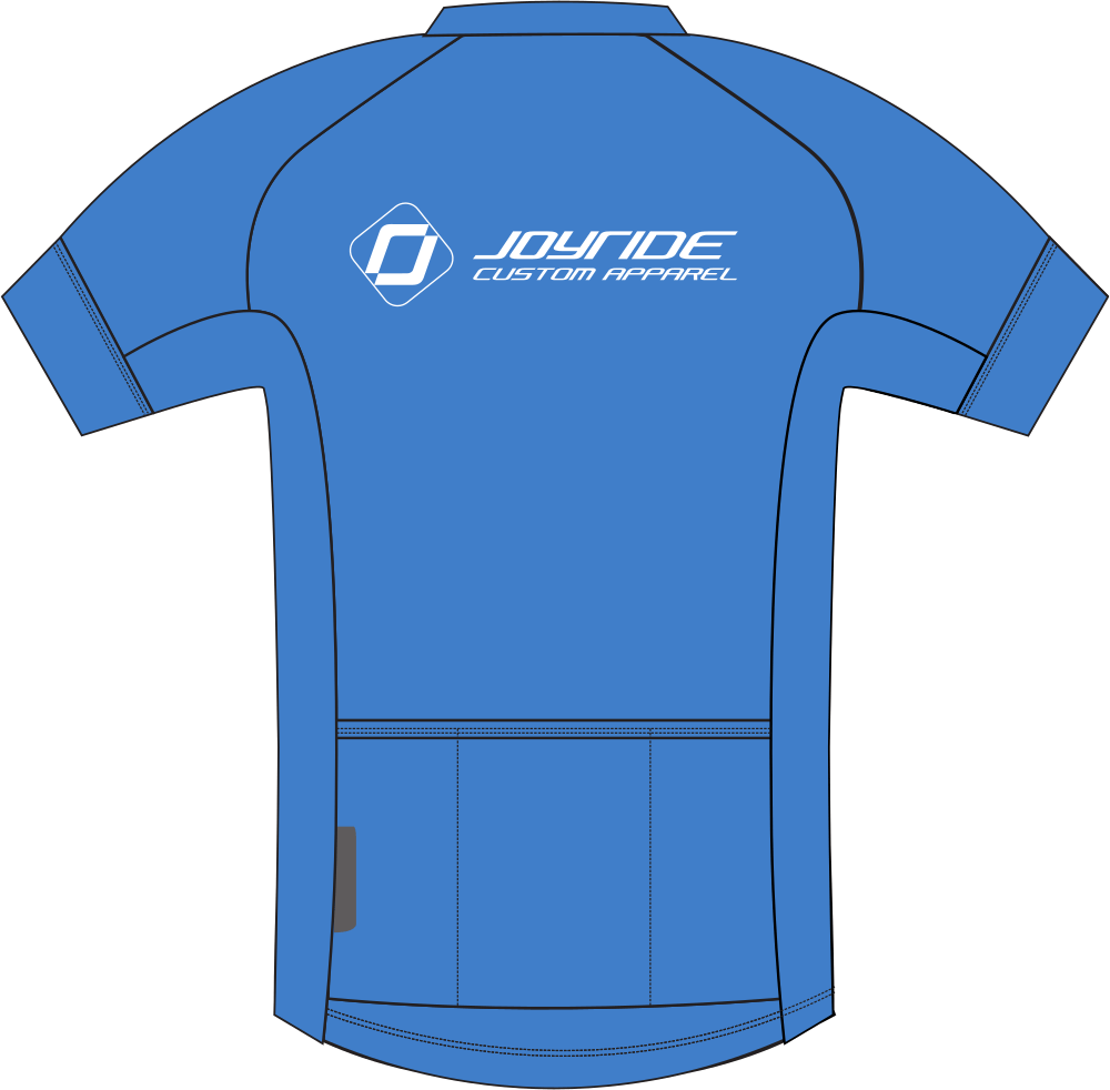 A blue shirt with joyride custom apparel on the back