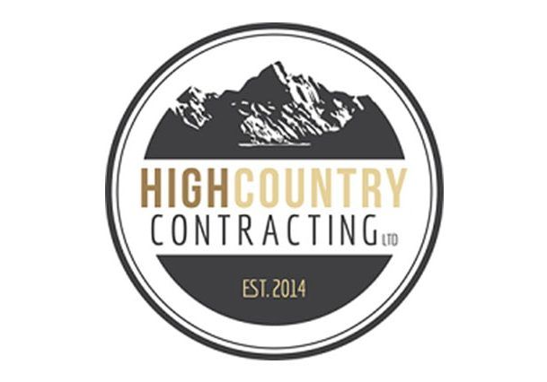 A logo for high country contracting with a mountain in the middle