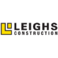 The logo for leighs construction is yellow and black.
