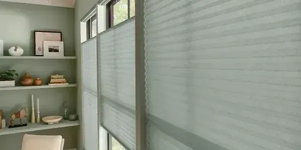 A room with a desk and shelves and a window with blinds on it.