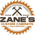 Logo for Zane's Custom Cabinets. Contains saw blade, crossed hammers, nails, and text in brown and white.