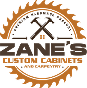 Logo for Zane's Custom Cabinets. Contains saw blade, crossed hammers, nails, and text in brown and white.
