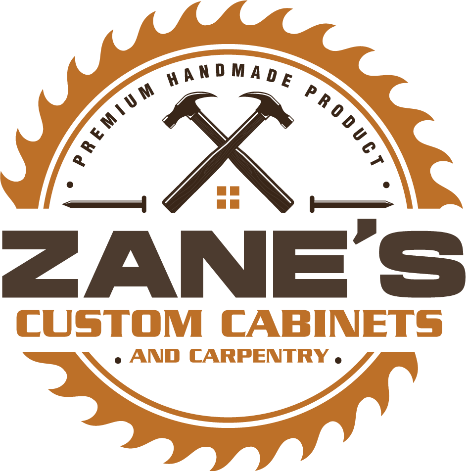 Logo for Zane's Custom Cabinets. Contains saw blade, crossed hammers, nails, and text in brown and white.