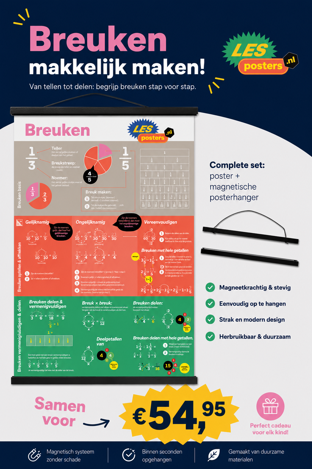 Bruine Breuken-lesposter met breuksommen, gekleurde vakken en prijs €54,95.