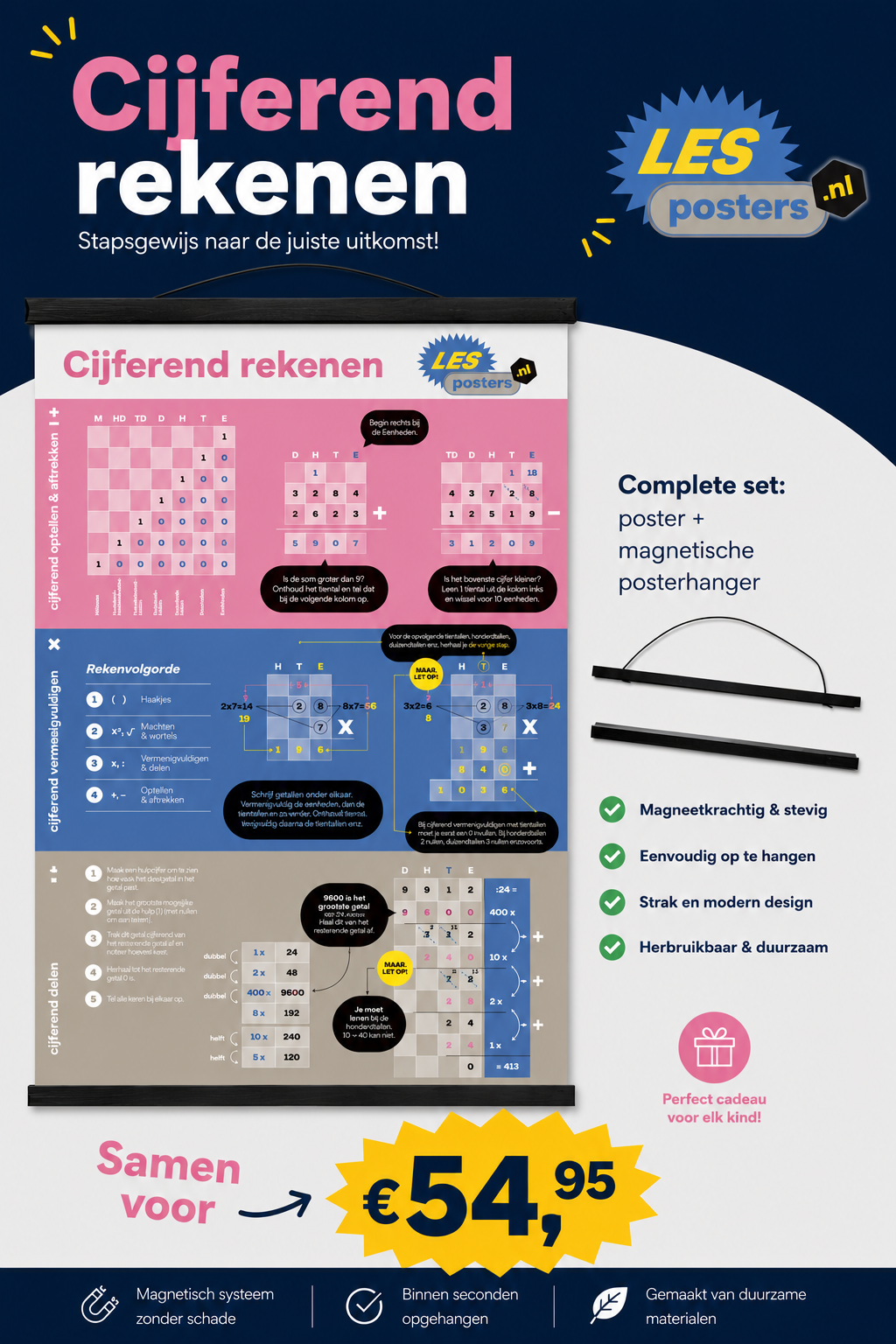 Cijferend rekenen poster met rekenoefeningen, notitieboekjes en prijs van €54,95