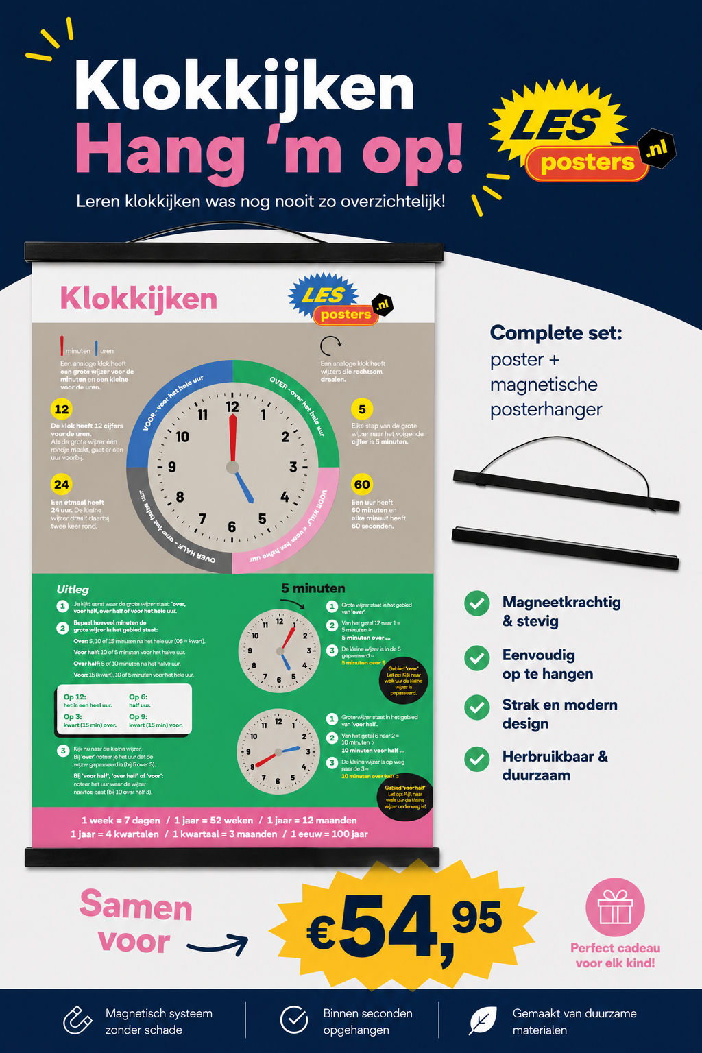 Klokkijken hangklok leerset met kleurrijke wijzerplaten en zwarte wijzers, prijs €54,95