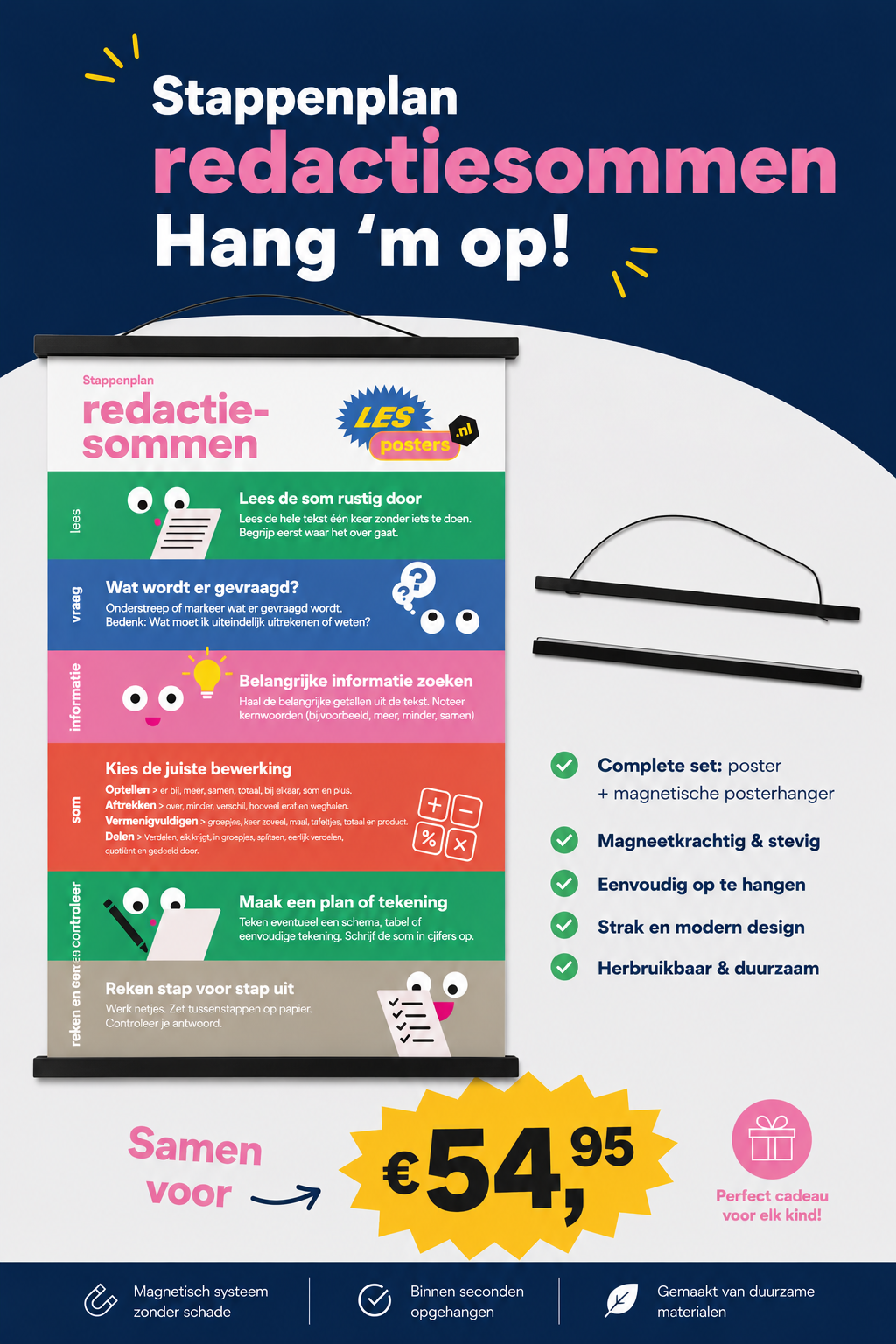 Poster for “Stappenplan redactiesommen Hang ’m op!” with colorful steps and a €54,95 price tag