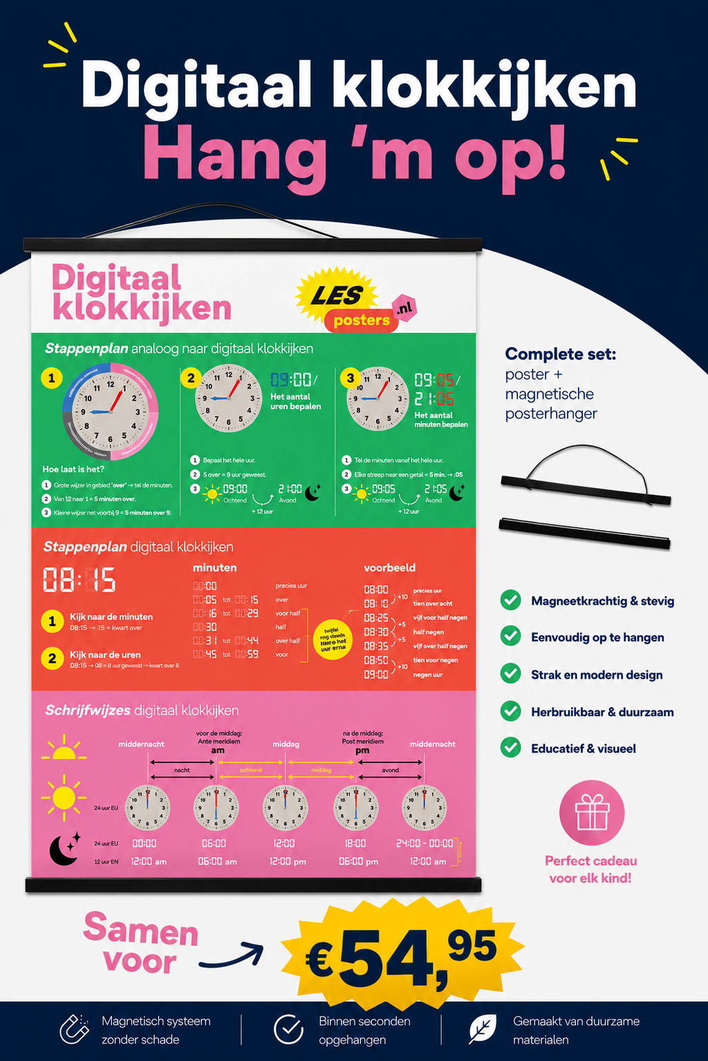 Poster voor een digitale klokkit, met kleurrijke klokontwerpen, Nederlandse tekst en een geel prijskaartje van €54,95.