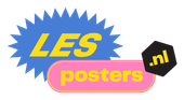 Logo voor "LES posters .nl" met gele tekst op een blauwe ster en een roze ovaal, en ".nl" op een kleine zwarte zeshoek.