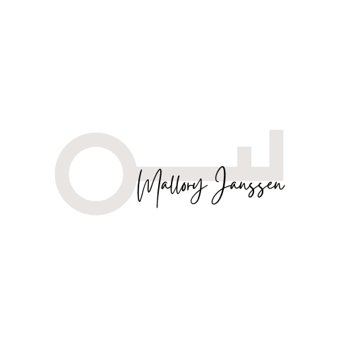 Minimalist white logo with large pale gray letters and black handwritten text reading &ldquo;Mallory Jansson&rdquo;