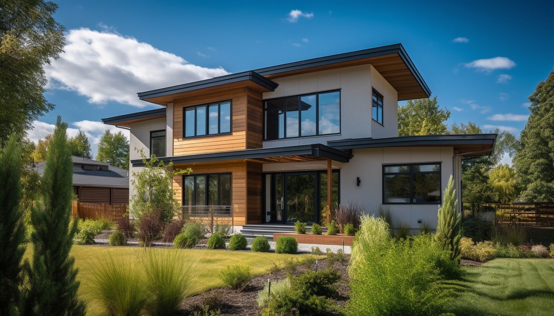 Modern two-story house with large windows, wood siding, and a landscaped garden under a blue sky
