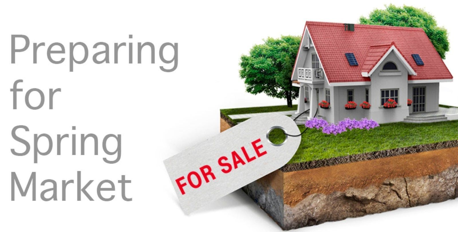 Preparing for spring market: small house with red roof and FOR SALE sign on cutaway ground