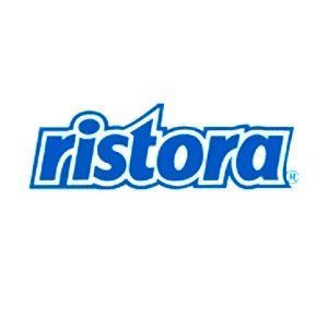Un logo blu e bianco per ristora su sfondo bianco.