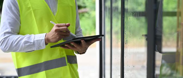 Une personne en gilet jaune écrit sur une tablette près d'une porte vitrée.