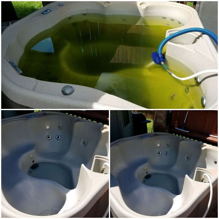 A before and after photo of a hot tub with green water