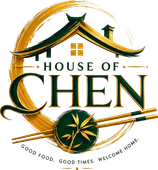 House of Chen restaurant logo with gold roof, chopsticks, and text on white background
