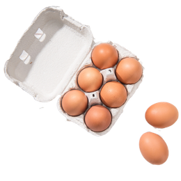 Cartone aperto di uova marroni con due uova all'esterno su sfondo bianco.