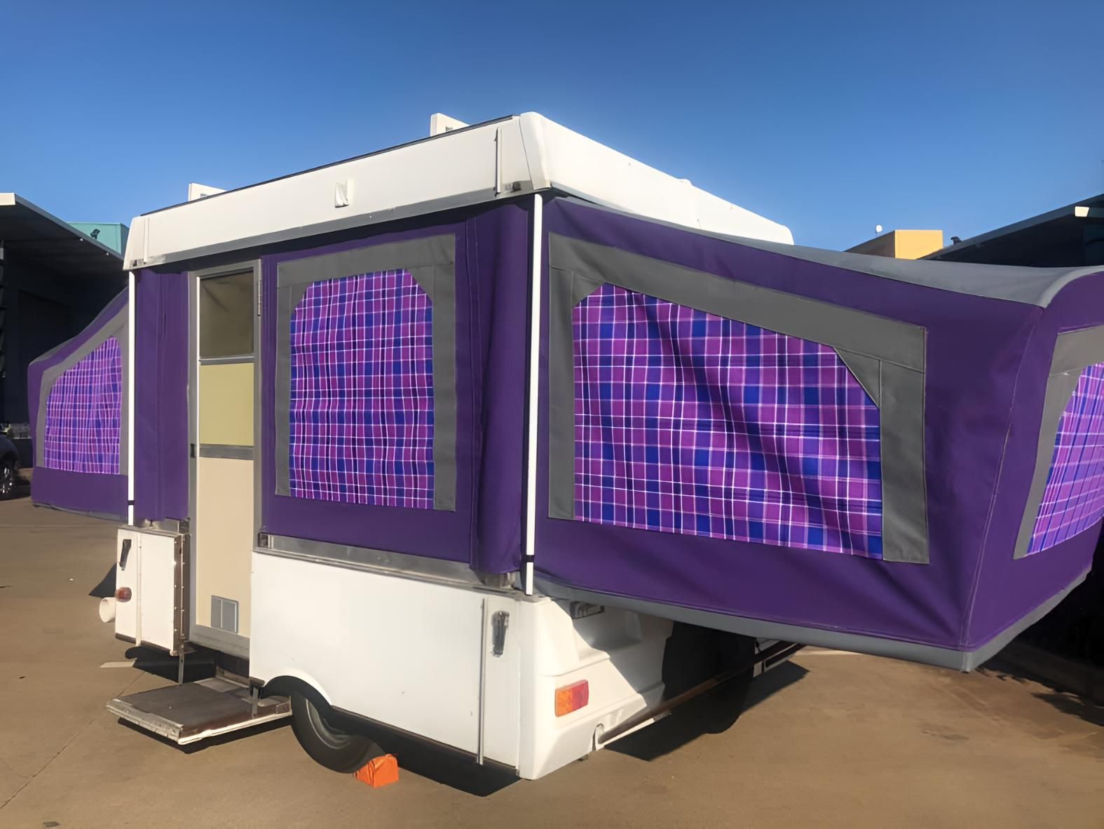 Purple and White Camper Trailer — Glenvale Canvas Pty Ltd in Wilsonton, QLD