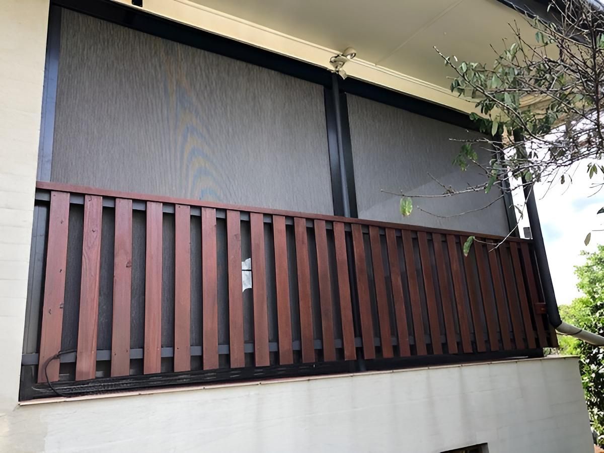 Balcony With a Wooden Railing and a Screen Door — Glenvale Canvas Pty Ltd in Wilsonton, QLD