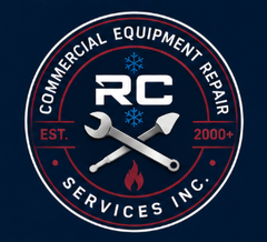 RC Commercial Equipment Repair Services Inc. logo with crossed wrench and screwdriver on a dark blue background