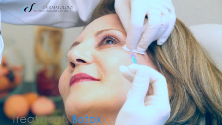 A person receiving an injection near their eye from a clinician wearing white gloves in a medical setting.